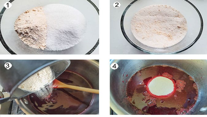 Step by step photographs of the process making raspberry jam. See details in recipe below.