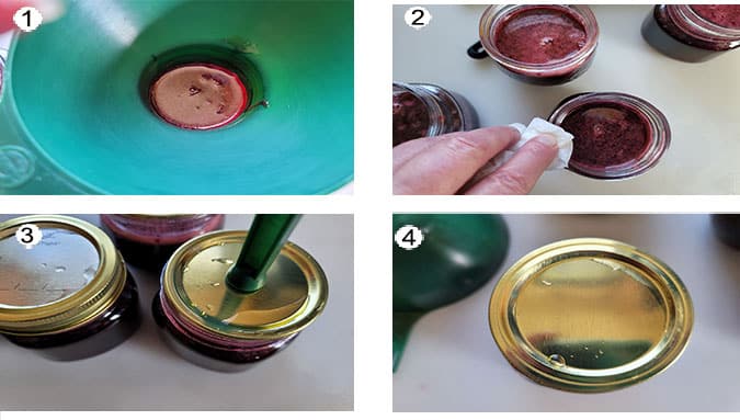 Step by step photographs of the process canning raspberry jam. See details in recipe below.