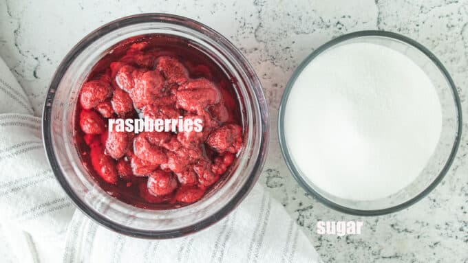 Ingredients for raspberry syrup. Raspberries and sugar.