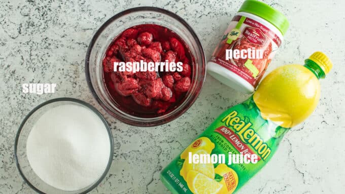 Ingredients for seedless raspberry jam. See details in recipe below.