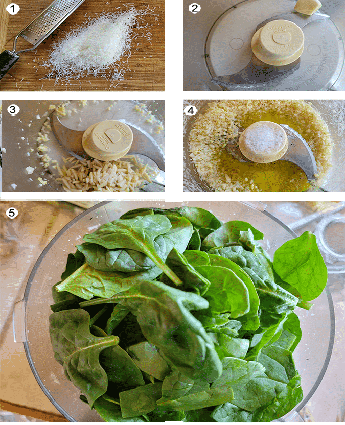 Step by step process for making spinach pesto. See details in recipe below.
