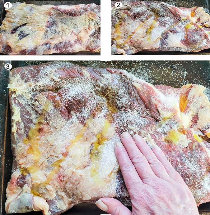 Process for making smoked beef brisket. See details in recipe below.