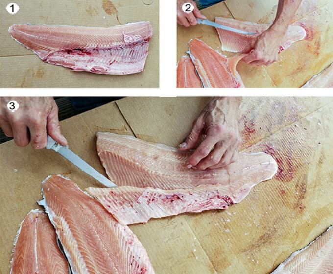 Step by step process for filleting steelhead trout. See details in recipe below.