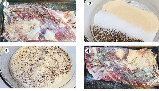 Process for making smoked beef brisket. See details in recipe below.