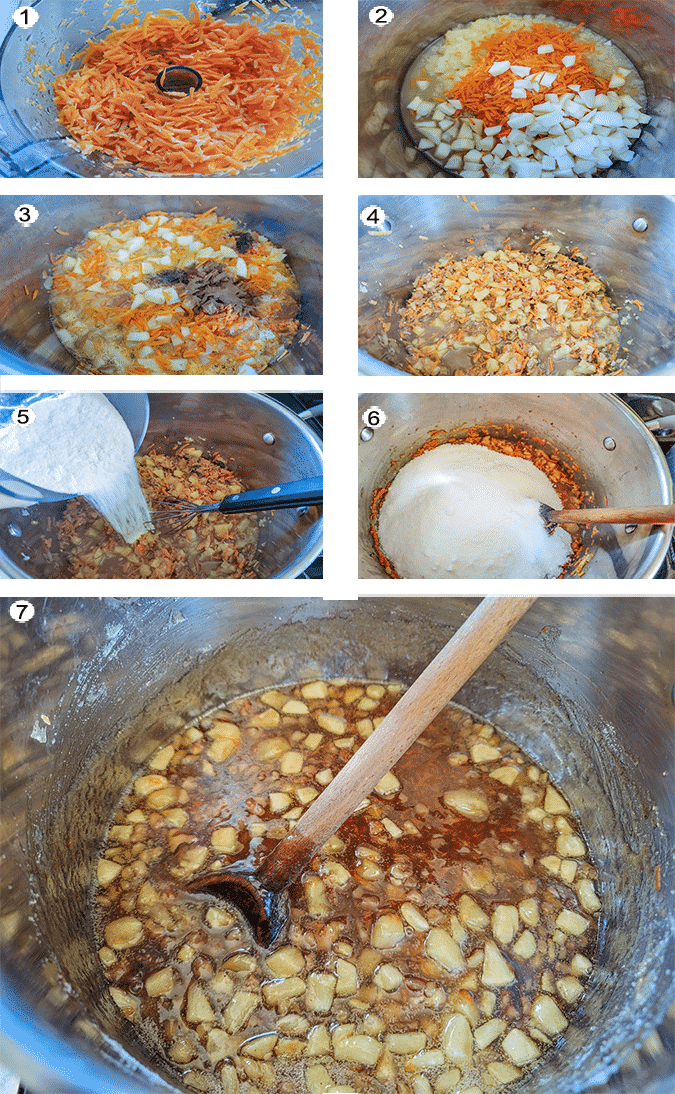 Step by step process for making carrot cake jam. See details in recipe below.