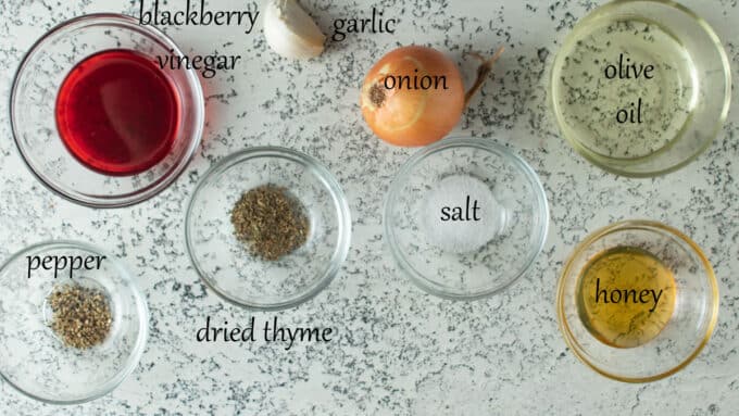 Ingredients for making blackberry vinaigrette. See details in recipe below.