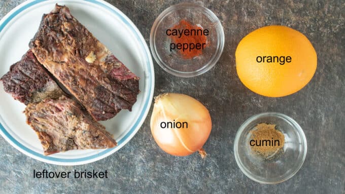 Ingredients for brisket tacos. See details in recipe below.