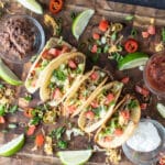 Overhead shot of colorful brisket tacos.