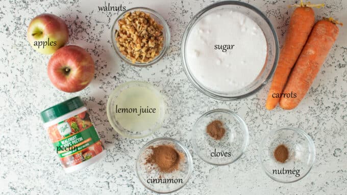 Ingredients for carrot cake jam. For details see recipe below.