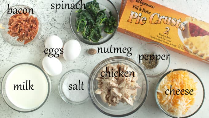 Ingredients for chicken quiche. See details in recipe below.