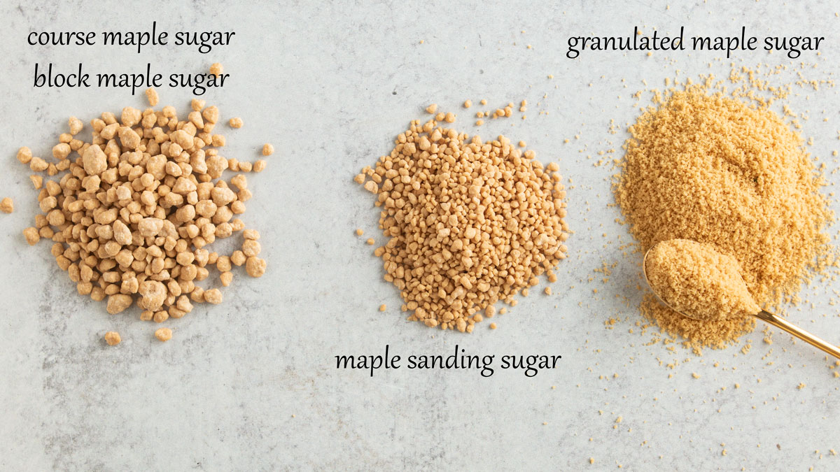 Different sized particles of maple sugar. Course, sanding and granulated.