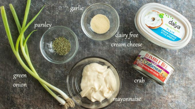 Ingredients for shrimp and crab dip. See details in recipe below.