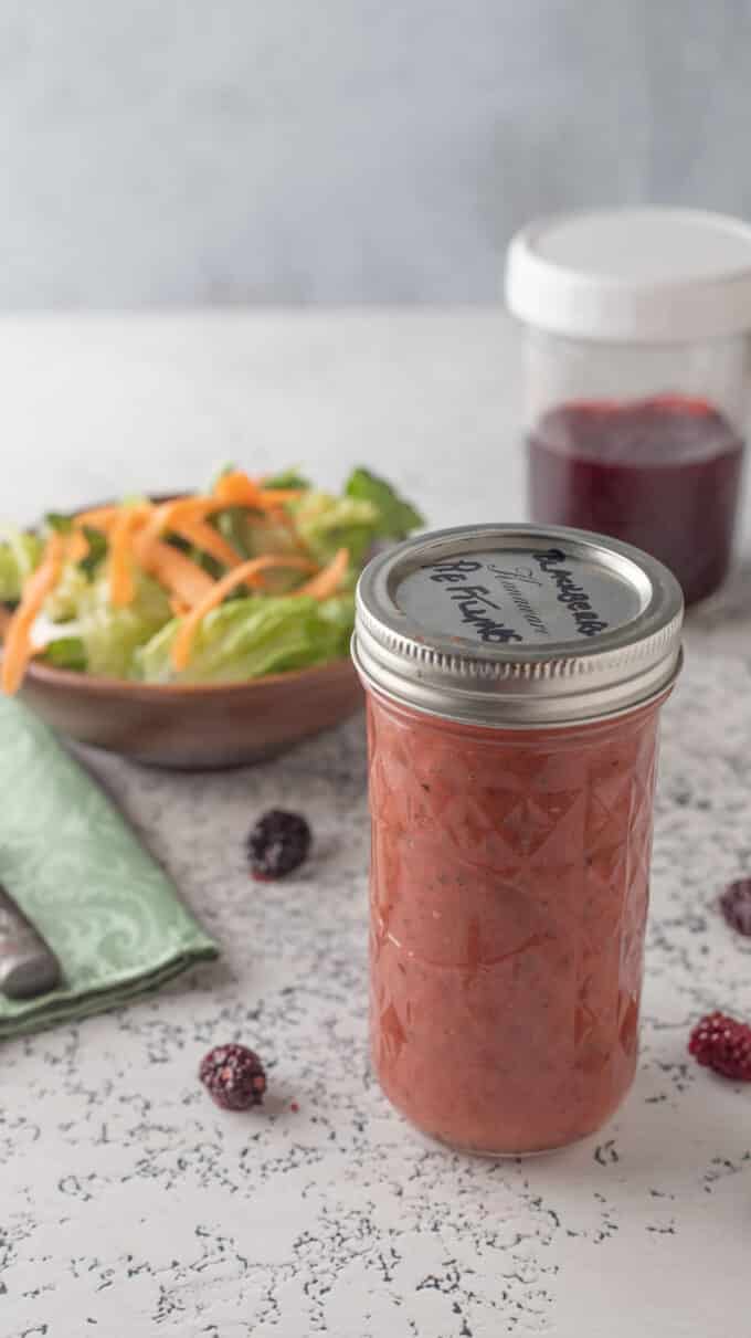 Blackberry vinaigrette in mason jar.