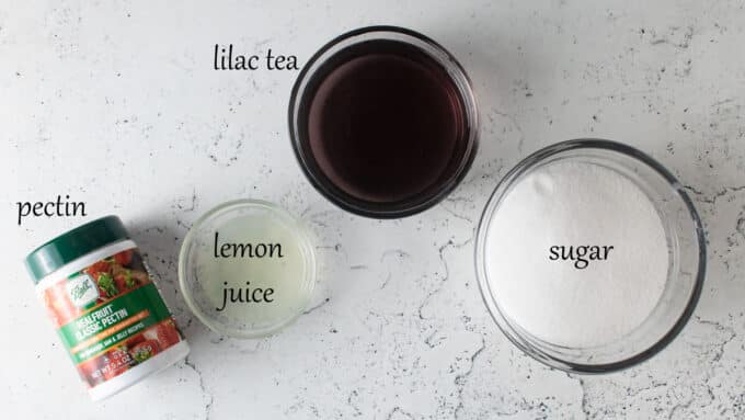 Ingredients for making lilac jam. See details in recipe below.