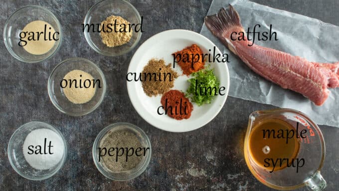 Ingredients for making smoked catfish. See details in recipe below.
