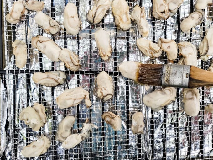 Oysters arranged on smoking tray.