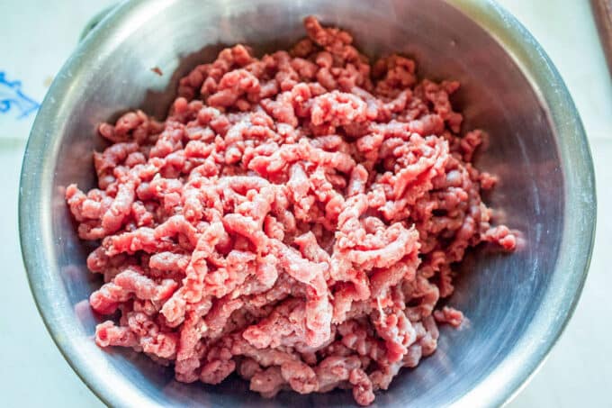 Ground meat in a bowl.