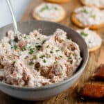 Salmon dip in gray bowl.