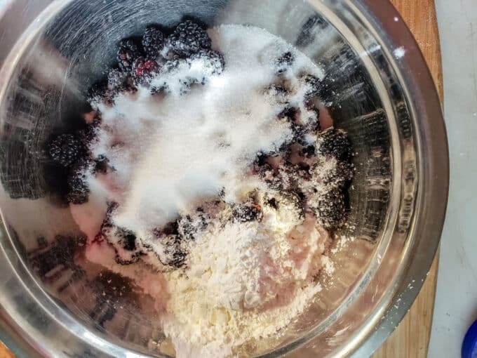 Sugar and cornstarch added to berries.