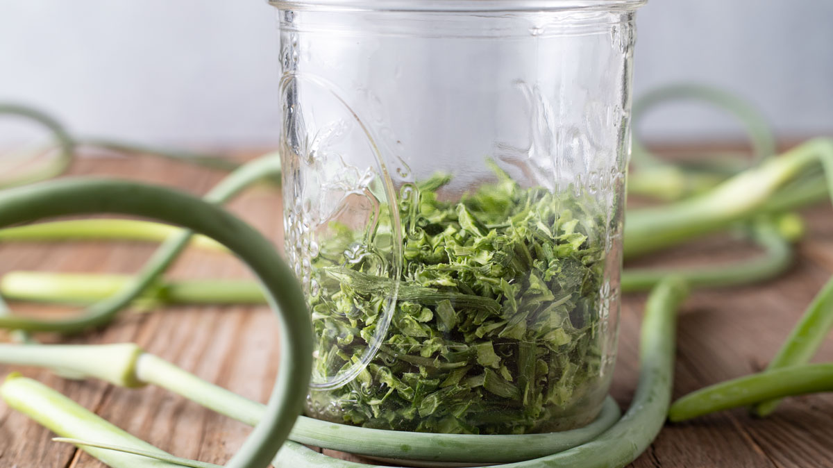 Close up of dried garlic scapes.