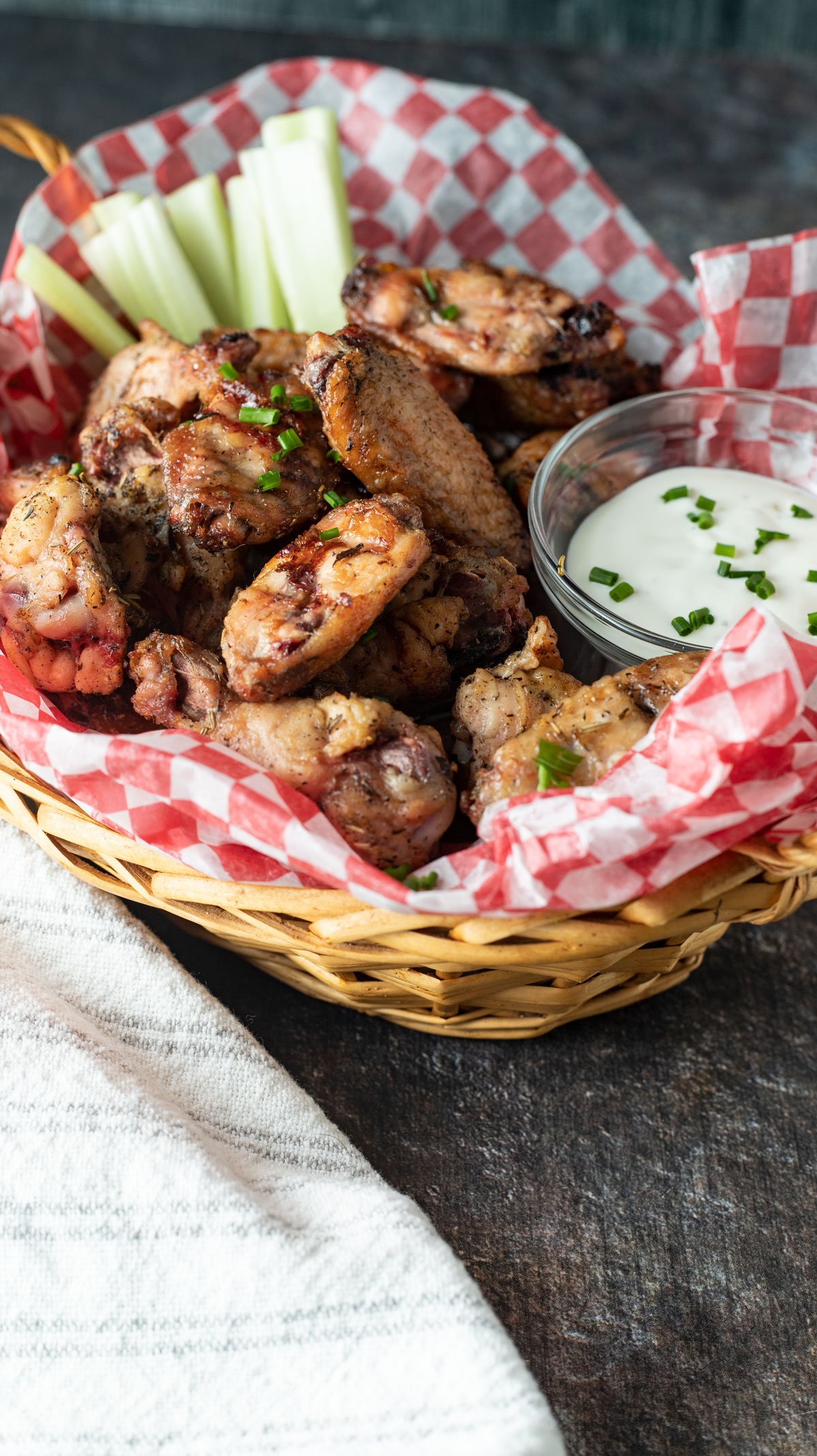 Smoked chicken wings with celery and bleu cheese.