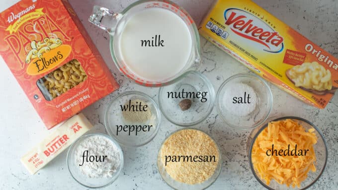 Ingredients for making smoked mac and cheese. See details in recipe below.