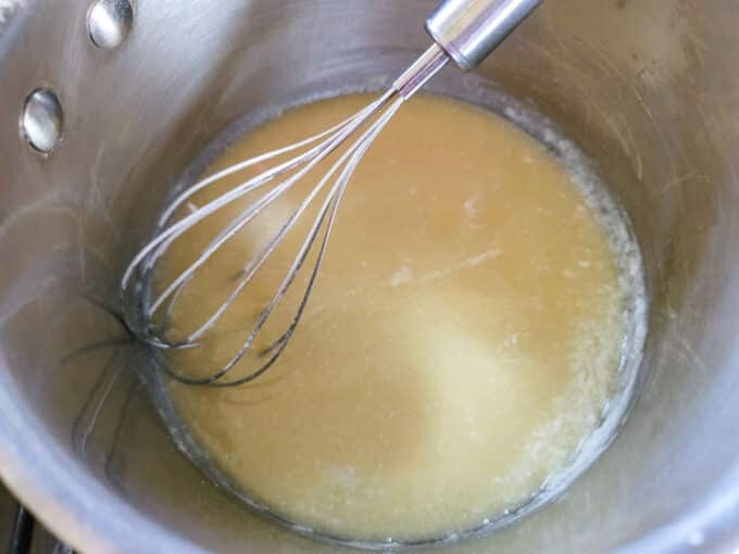 Flour added to butter in the saucepan.