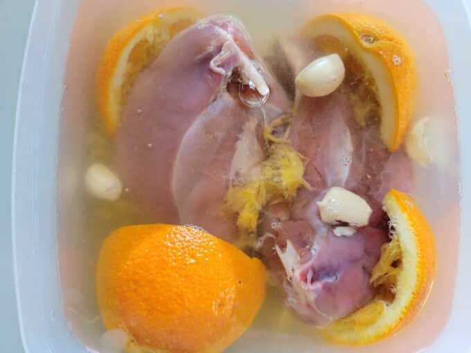 Pheasant in brine with oranges.