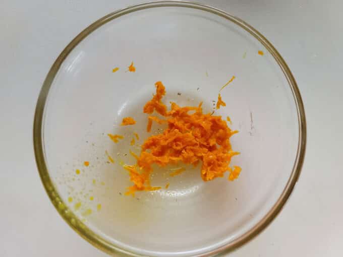 Orange zest in bowl.