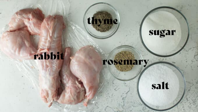 Ingredients for brining rabbit. See details in recipe below.