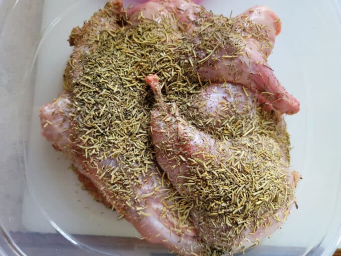 Rabbit pieces in plastic storage container with spices.