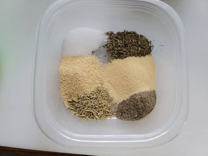 Spices in a plastic bowl.