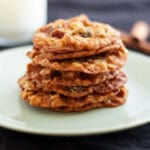 Stack of oatmeal cookies with milk.