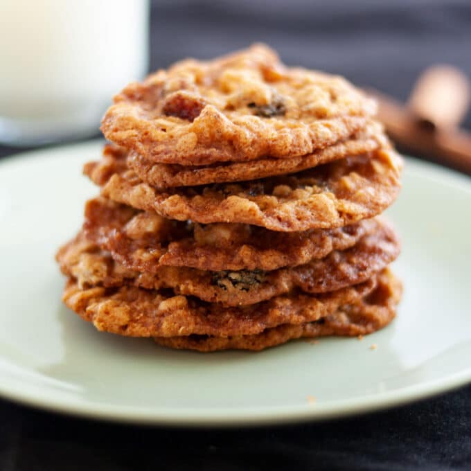 Stack of oatmeal cookies with milk.