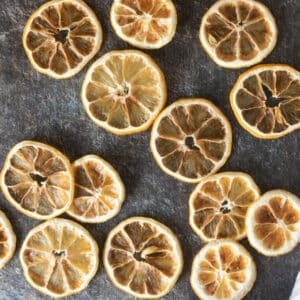 Dried lemon slices on dark background.