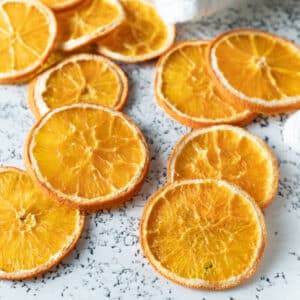 Close up of dried orange slices.