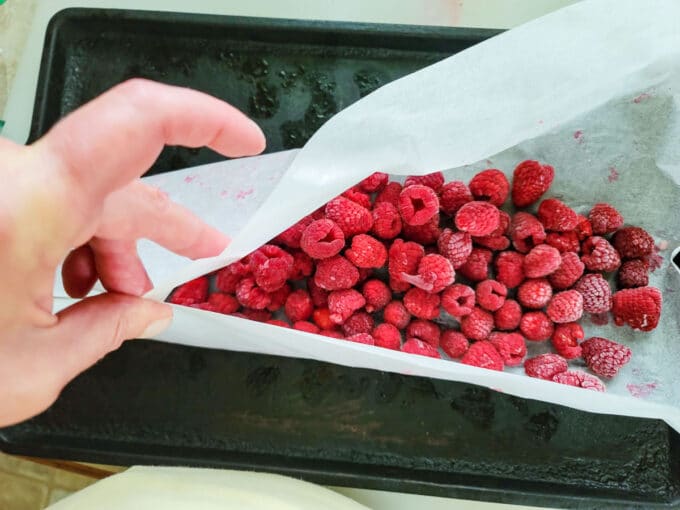 Paper with berries gathered up to form a funnel.