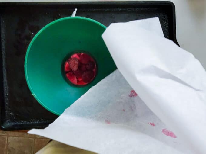 Pouring berries into freezer bags with canning funnel.