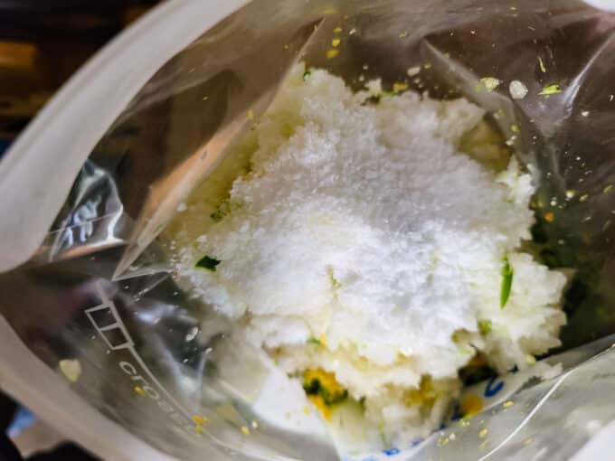 Vegetables and salt in storage bag.