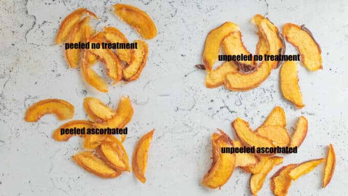Comparison of treated and untreated peach slices on a white board in groups.