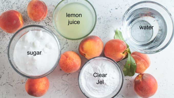 Ingredients to make canned peach pie filling. See details in recipe below.