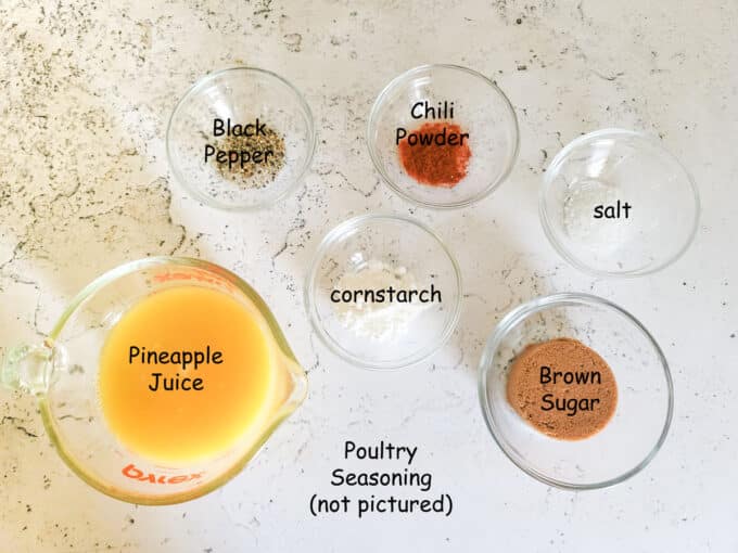 Ingredients for making optional pineapple sauce for chicken. See details in recipe below.