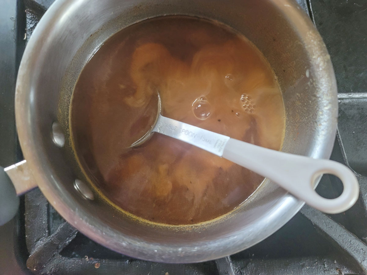 Cornstarch slurry added to the sauce.