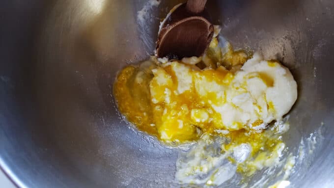 Egg mixed with sugar and flour.