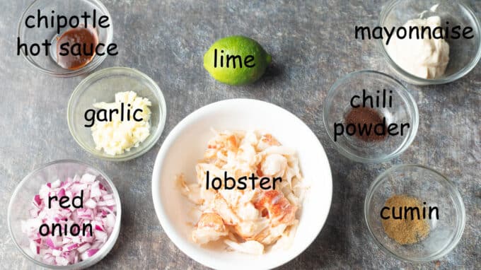 Ingredients for lobster tacos. See details in recipe belos.