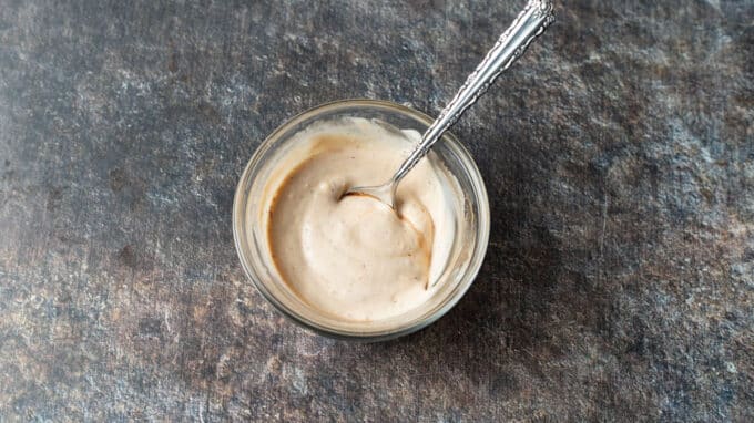 Mixed up aioli in small bowl.
