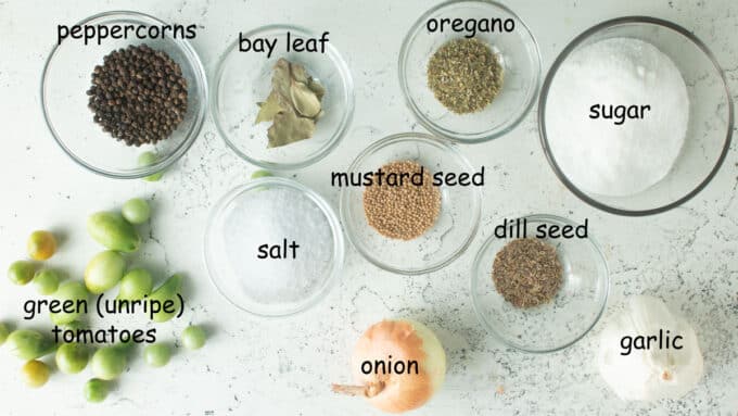 Ingredients for making pickled green tomatoes. See details in recipe below.