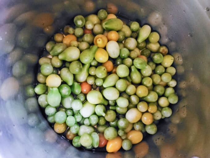 Various cherry tomatoes in large stockpot.