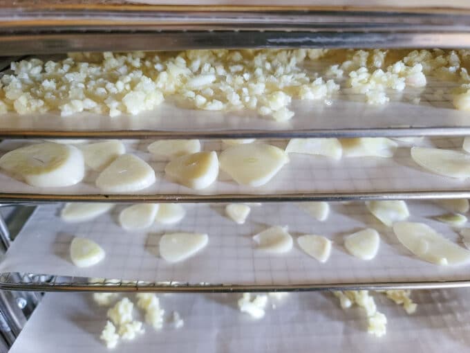 Dehydrator trays with minced and sliced garlic in dehydrator.