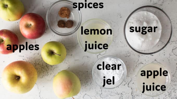 Ingredients for canning apple pie filling. See details in recipe below.
